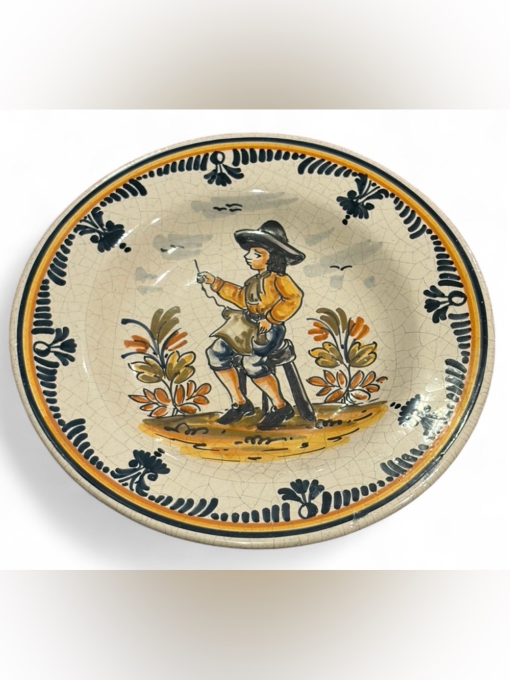 Cea David Antique Hand Painted Italian Faience Boy with Needle Art Pottery Dish